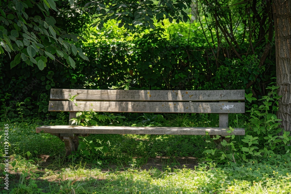 Empty antique bench in shaded garden or park Empty antique bench in shaded garden or park