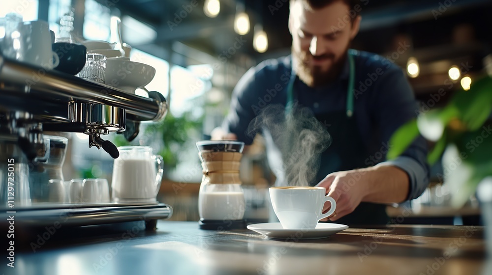 Barista preparing a steaming cup of coffee in a cozy caf? setting. Barista preparing a steaming cup of coffee in a cozy caf? setting.