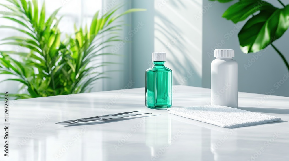 Bottles and tools on a table with greenery in the background. Bottles and tools on a table with greenery in the background.