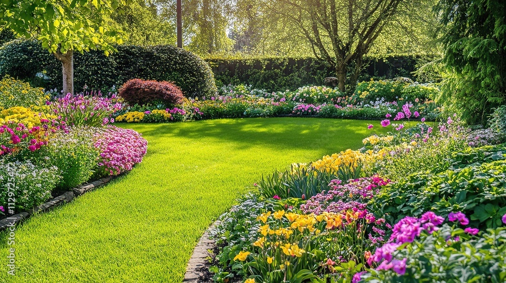 Obraz premium Vibrant Spring Garden with Colorful Flowers and Lush Greenery