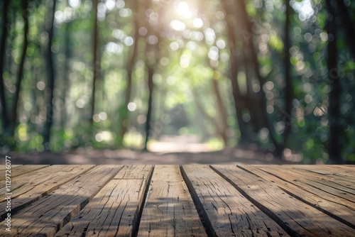 Empty wooden board on table with blurred background Brown wood perspective over forest for product display