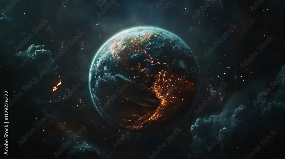 Panoramic view on planet earth globe from space. glowing city lights, light clouds. generative ai. space background. Ultra realistic. Photorealistic Panoramic view on planet earth globe from space. glowing city lights, light clouds. generative ai. space background. Ultra realistic. Photorealistic
