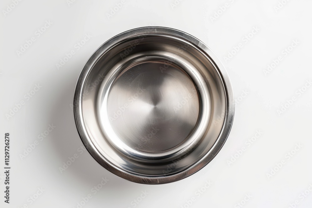 Empty stainless steel bowl from top view on white background Empty stainless steel bowl from top view on white background
