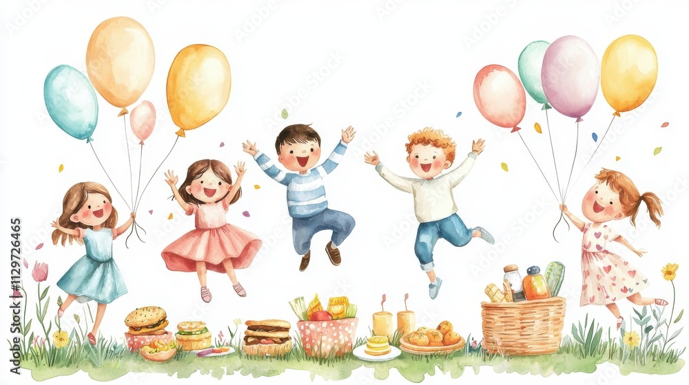 Joyful children celebrating with balloons, food, and laughter, embodying the essence of happiness and friendship. Joyful children celebrating with balloons, food, and laughter, embodying the essence of happiness and friendship.