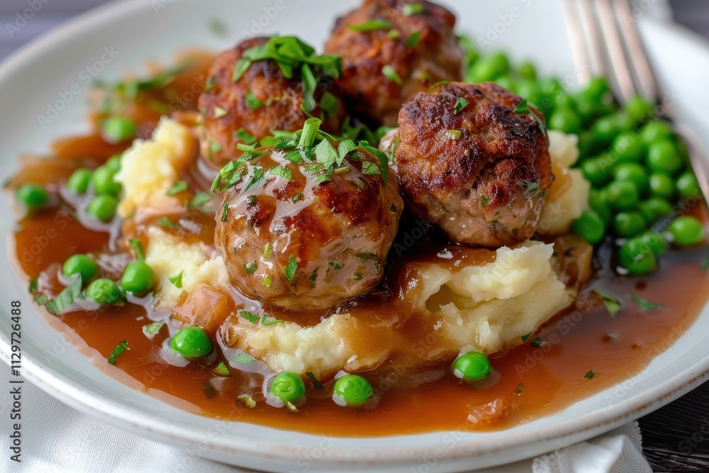English meatballs with mashed potatoes peas and thick onion gravy on white plate classic British meal English meatballs with mashed potatoes peas and thick onion gravy on white plate classic British meal