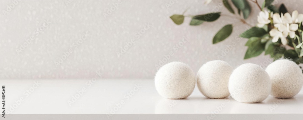 A set of ecofriendly wool dryer balls displayed on a white countertop, with text emphasizing Natural Fabric Softener and Zero Waste A set of ecofriendly wool dryer balls displayed on a white countertop, with text emphasizing Natural Fabric Softener and Zero Waste