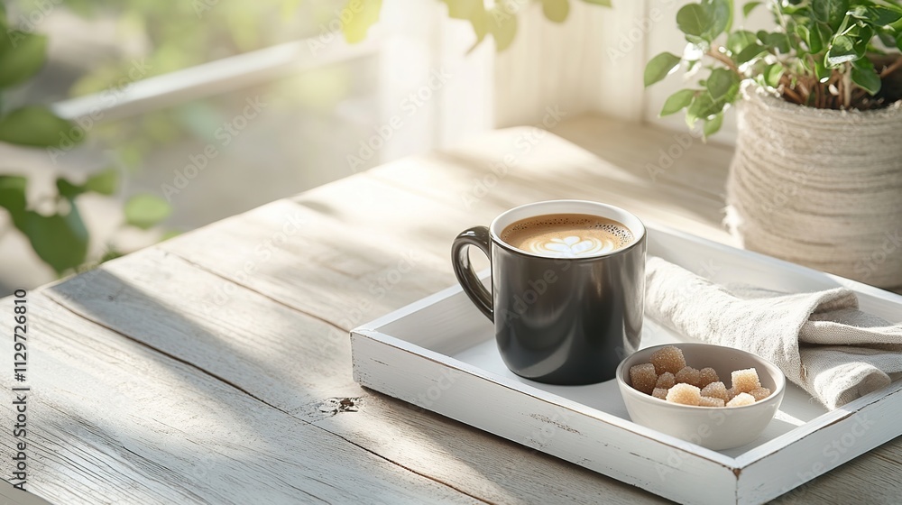 Cozy coffee setup with a cup, sugar, and greenery on a tray. Cozy coffee setup with a cup, sugar, and greenery on a tray.