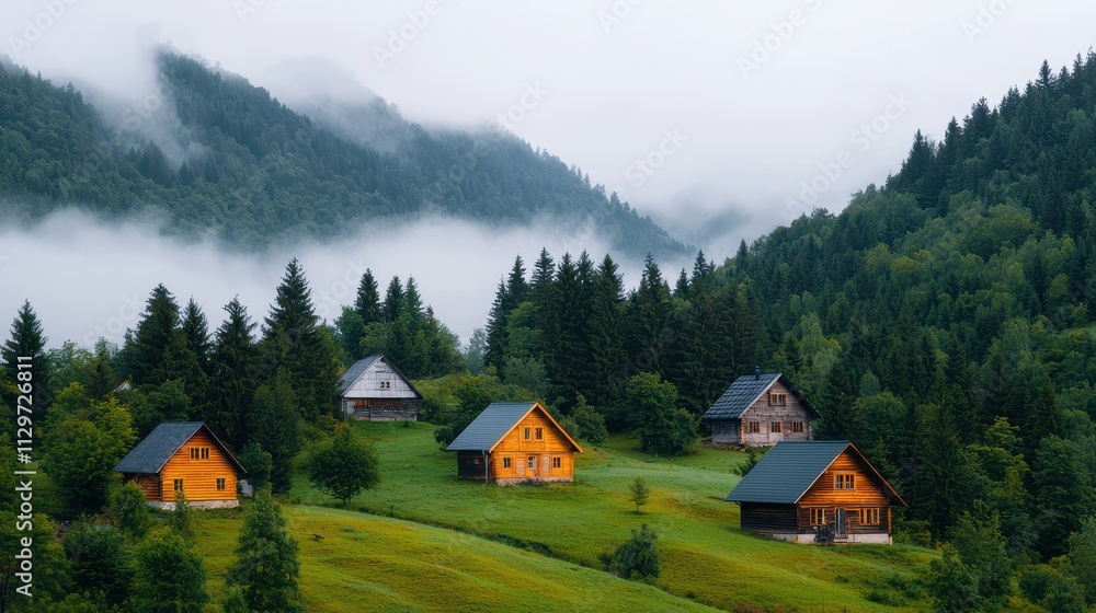 Serene Mountain Landscape with Cozy Houses in Misty Forest Setting Serene Mountain Landscape with Cozy Houses in Misty Forest Setting