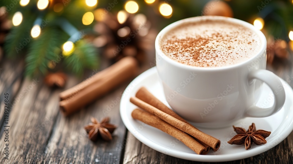 Cozy cup of spiced beverage with cinnamon sticks and festive decor. Cozy cup of spiced beverage with cinnamon sticks and festive decor.