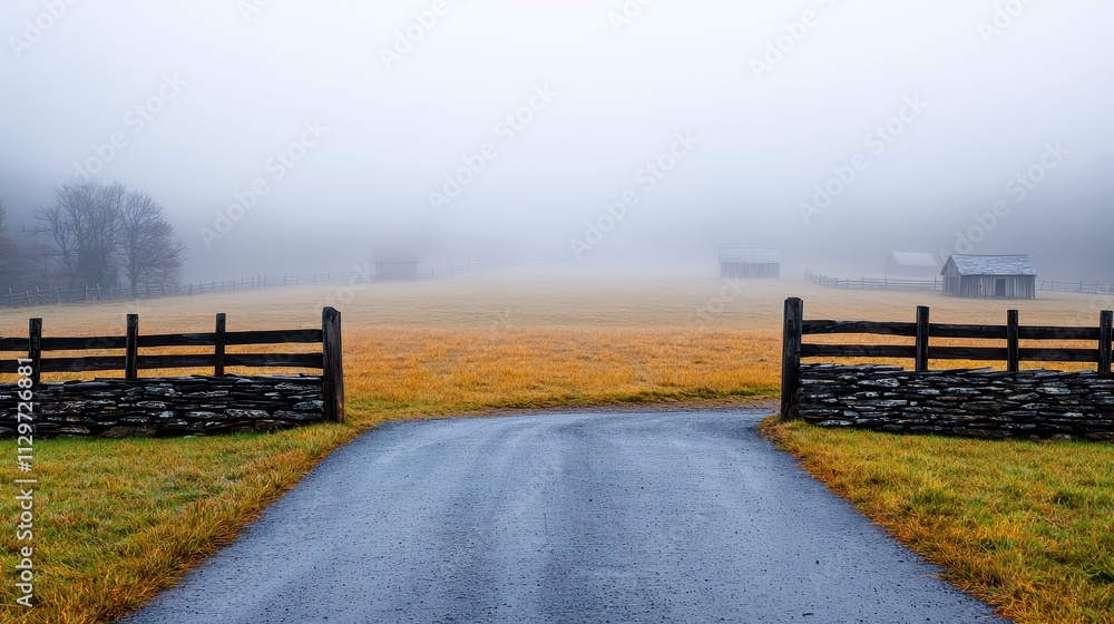 Serene Foggy Landscape with Country Road and Rustic Barns Serene Foggy Landscape with Country Road and Rustic Barns