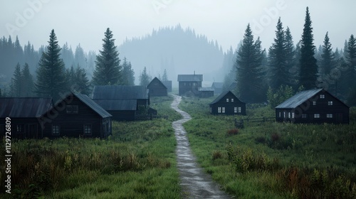 Serene Misty Landscape Featuring Rustic Houses and Pine Trees