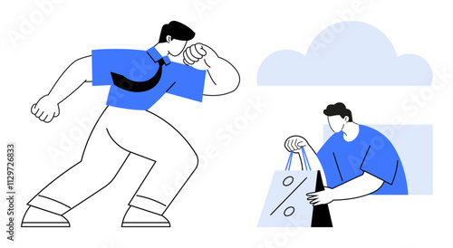 One man hurries forward while another leans from a window holding shopping bags. Ideal for presentations, business concepts, online shopping, marketing campaigns, time management themes, website