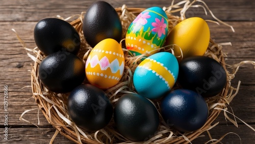 Colorful easter egg among plain black eggs photo