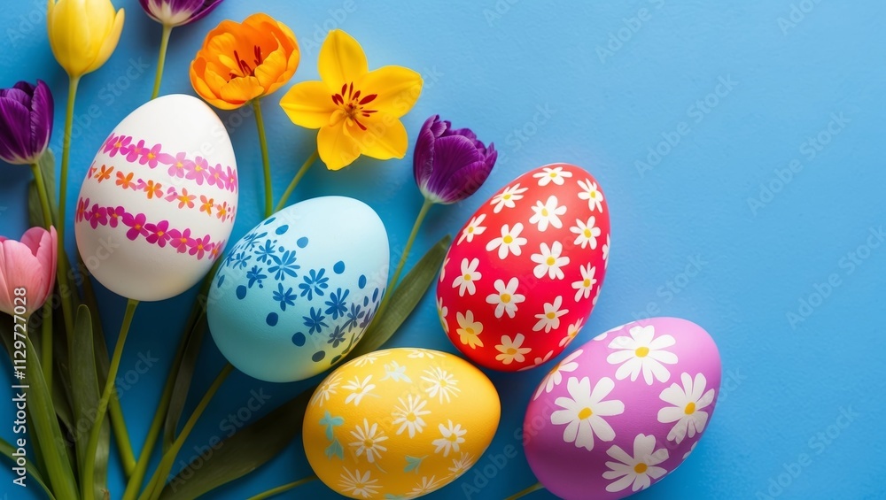 Fototapeta premium Colorful easter eggs and flowers on blue background