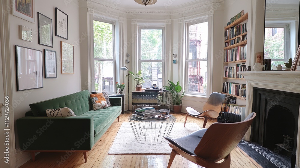 Fototapeta premium Green Sofa Living Room With Bay Windows And Bookshelves