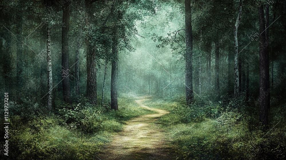 Fototapeta premium Enchanting Dark Forest Path Surrounded by Lush Green Trees