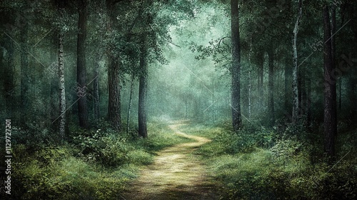 Enchanting Dark Forest Path Surrounded by Lush Green Trees