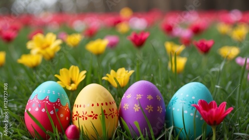 Colorful easter eggs nestled in grass and flowers