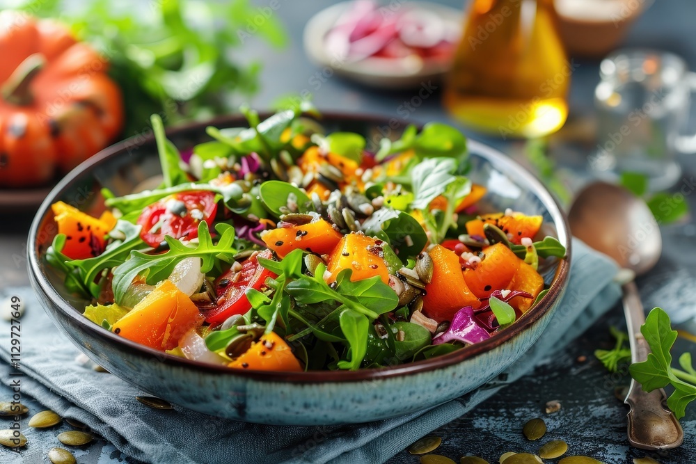 Eye level view of vibrant salad with roasted pumpkin seeds Eye level view of vibrant salad with roasted pumpkin seeds