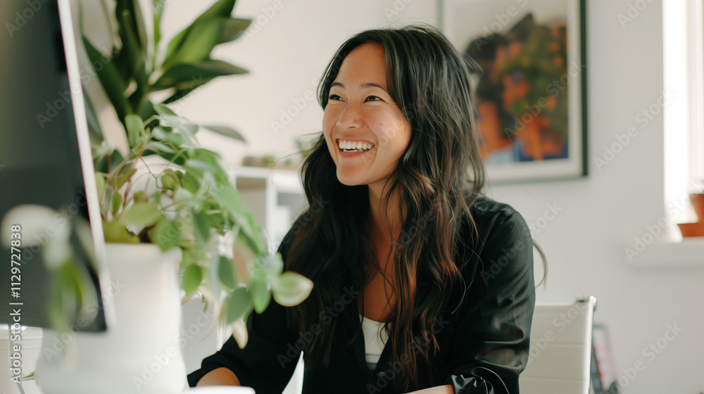 Happy young woman working remotely on a virtual video team meeting call, remote work and flexible culture concept. Inclusive and diverse dei workplace with a blasian african american businesswoman Happy young woman working remotely on a virtual video team meeting call, remote work and flexible culture concept. Inclusive and diverse dei workplace with a blasian african american businesswoman