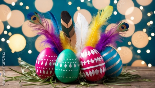 Colorful painted easter eggs with feathers and lights photo