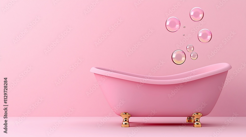 Pink bathtub with bubbles against a pink wall. Pink bathtub with bubbles against a pink wall.