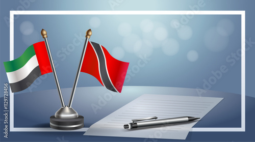 United Arab Emirate and Trinidad and Tobago National flags on small table with bokeh background, cooperative relationship