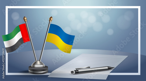 United Arab Emirate and Ukraine National flags on small table with bokeh background, cooperative relationship