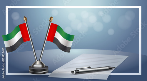United Arab Emirate National flags on small table with bokeh background