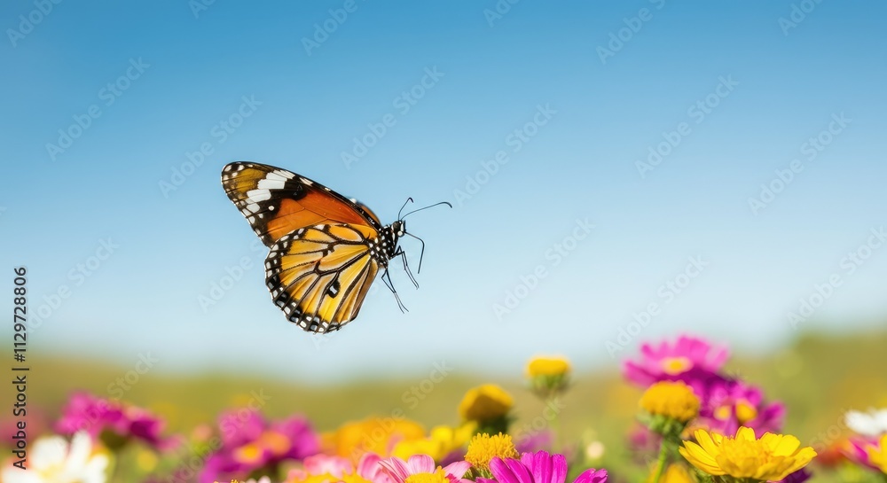 Monarch butterfly flying over colorful wildflowers in sunny field under clear blue sky Monarch butterfly flying over colorful wildflowers in sunny field under clear blue sky
