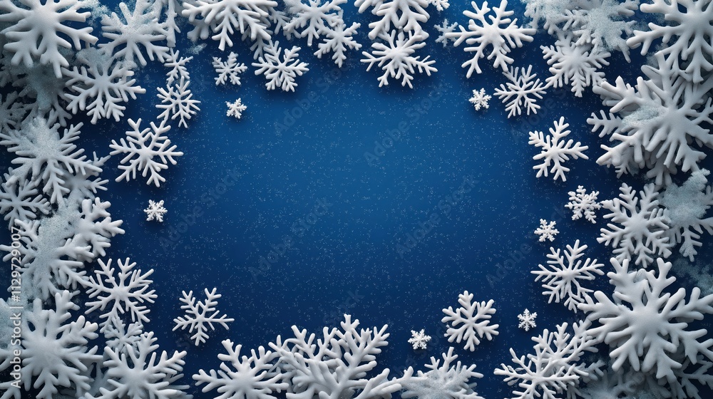 Winter holiday design with white snowflakes on deep blue background. Festive winter season image. Decorative snowflakes. Holiday decor. Season background. Winter wonderland. Winter theme. Christmas Winter holiday design with white snowflakes on deep blue background. Festive winter season image. Decorative snowflakes. Holiday decor. Season background. Winter wonderland. Winter theme. Christmas