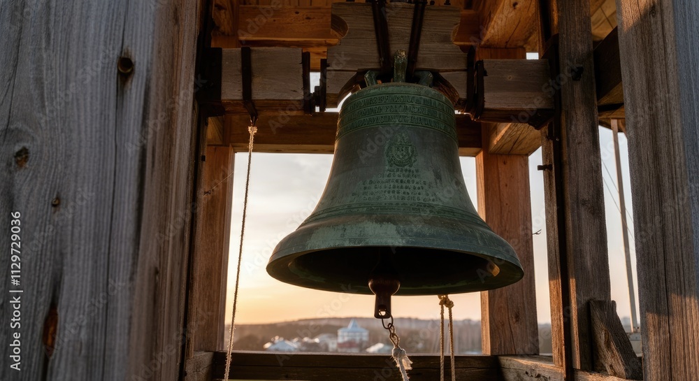 Obraz premium Old bronze bell hanging in wooden tower at sunset