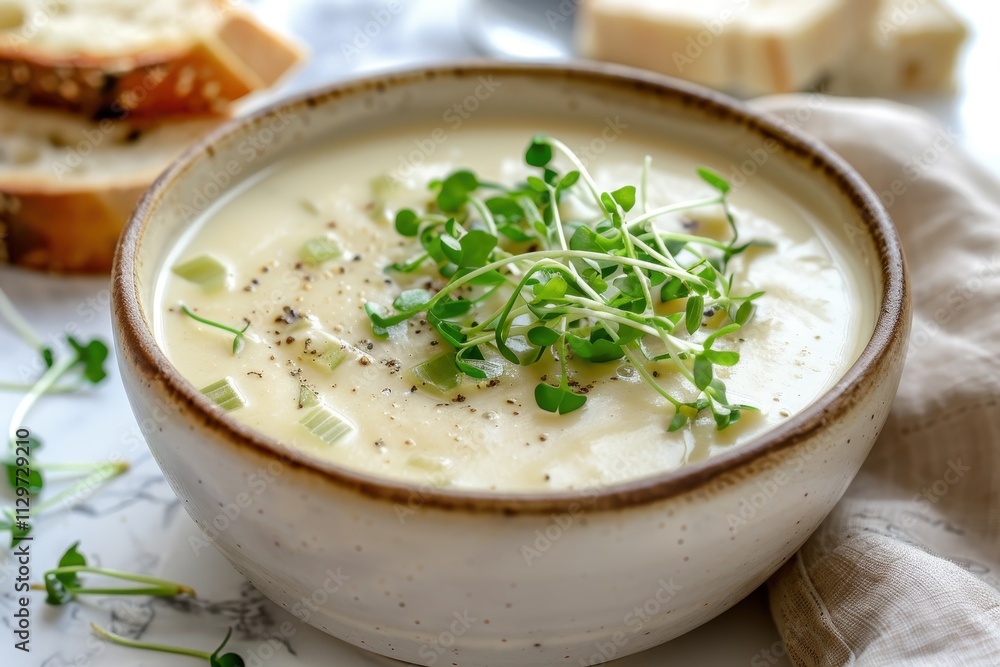 French chilled cream soup vichyssoise with microgreens and bread on marble table Healthy food idea can be served warm or cold Selective focus French chilled cream soup vichyssoise with microgreens and bread on marble table Healthy food idea can be served warm or cold Selective focus