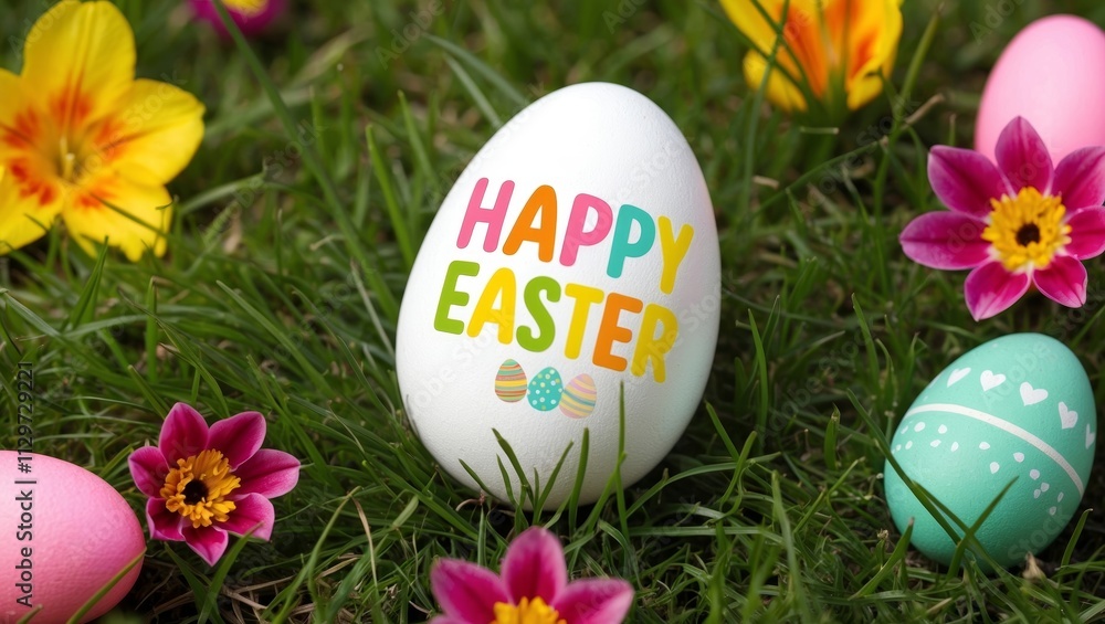 Easter egg and flowers in spring grass Easter egg and flowers in spring grass