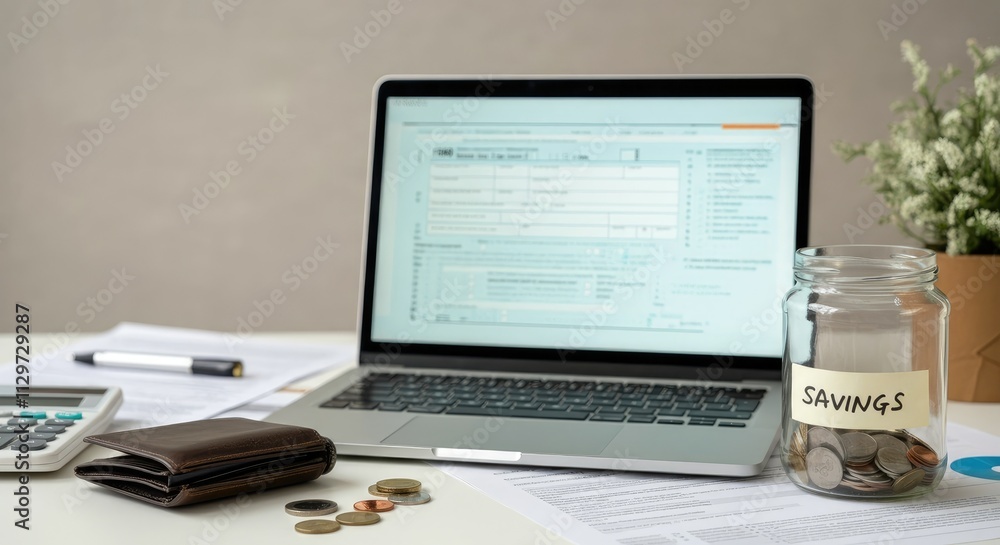 Laptop with accounting software next to savings jar, wallet, and coins Laptop with accounting software next to savings jar, wallet, and coins