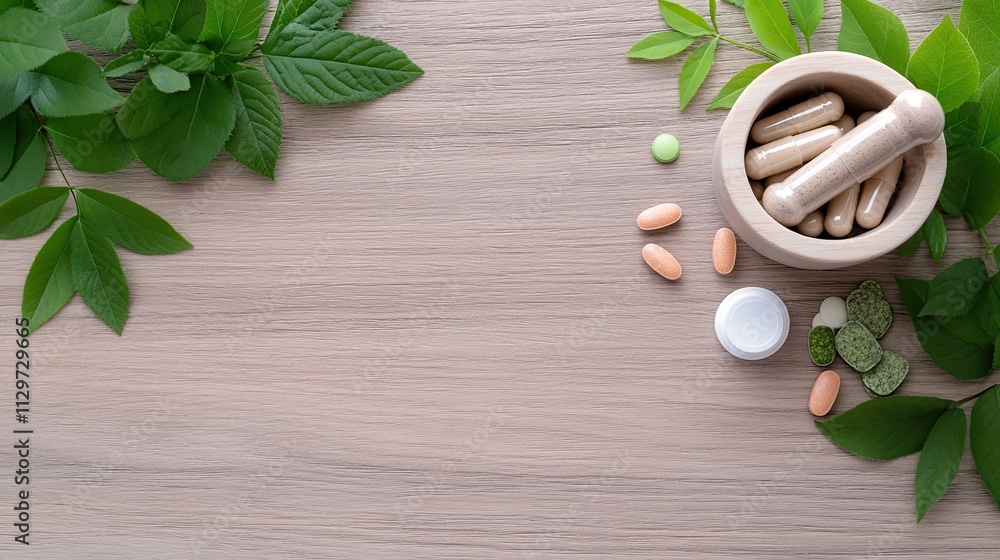 Herbal supplements and capsules arranged with green leaves. Herbal supplements and capsules arranged with green leaves.