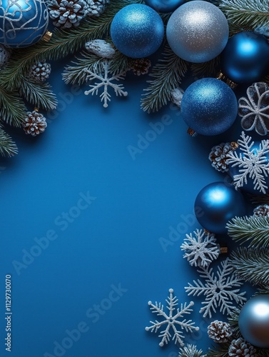 Blue Christmas background decorated with snowflakes, shiny Christmas balls. Festive decor on plain blue backdrop. Winter holiday concept. Perfect for holiday cards, invitations, or social media posts. photo