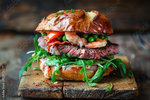 Gourmet Surf and Turf burger with roast beef and scampi served on a rustic table photo