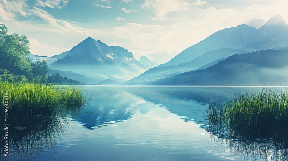 Tranquil River Reflection with Serene Mountains and Lush Nature Tranquil River Reflection with Serene Mountains and Lush Nature