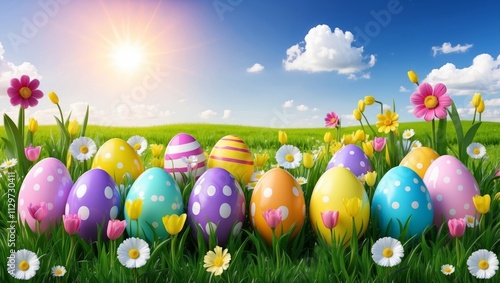 Fantastic spring landscape with easter eggs and flowers