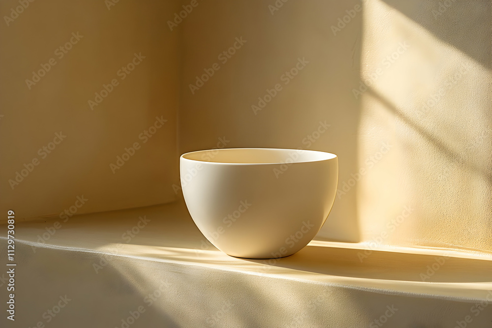 Minimalist off-white bowl in sunlight on beige surface. Minimalist off-white bowl in sunlight on beige surface.