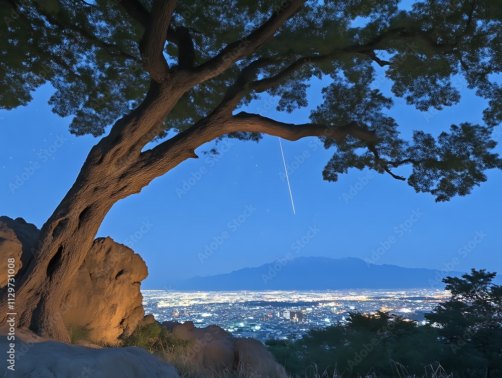 Night Sky Cityscape Mountain View Tree Silhouette Night Sky Cityscape Mountain View Tree Silhouette