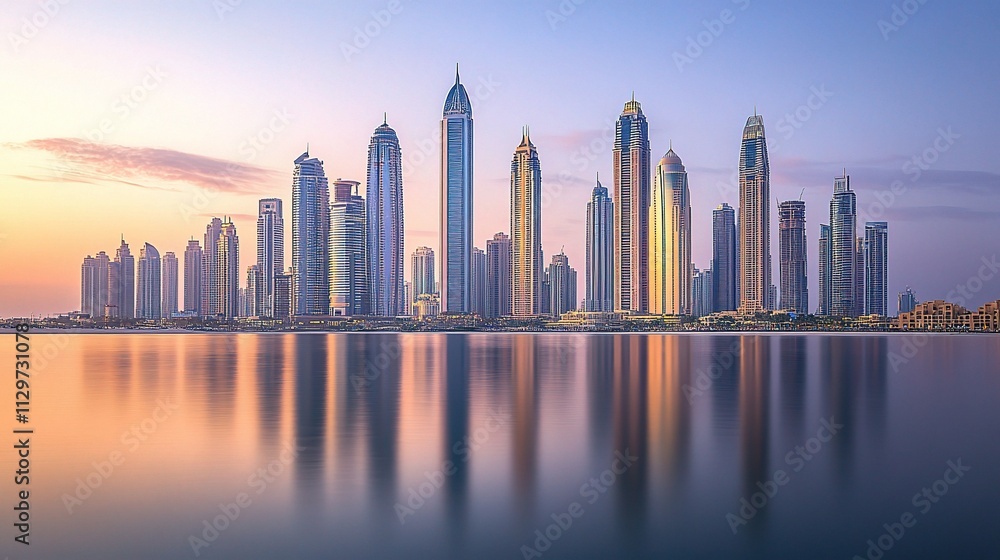 Stunning City Skyline at Golden Hour with Soft Light Reflection Stunning City Skyline at Golden Hour with Soft Light Reflection
