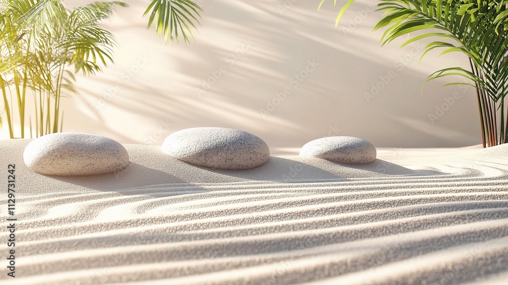 Obraz premium Tranquil Japanese Zen Garden with Raked Sand and Smooth Stones