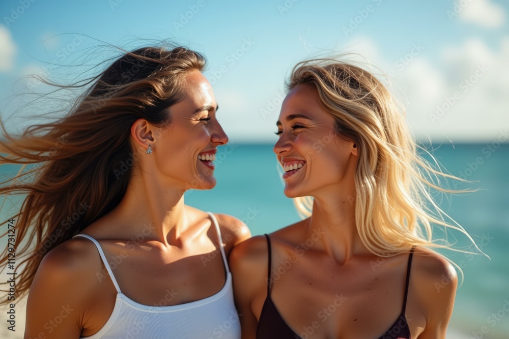 Sunny Beach Day: Two Friends Enjoying Life by the Ocean Sunny Beach Day: Two Friends Enjoying Life by the Ocean