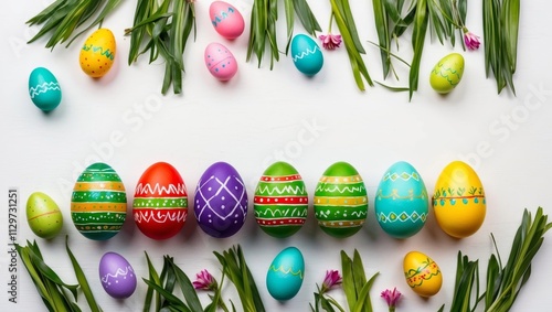 Hand painted easter eggs on white background photo