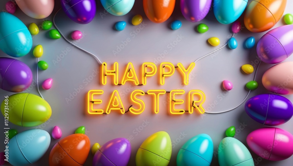 Happy easter card with colorful eggs and neon Happy easter card with colorful eggs and neon
