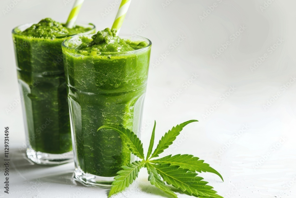 Green cannabis smoothie on white surface Green cannabis smoothie on white surface