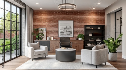 Wallpaper Mural Modern Home Office Design with Brick Wall and Large Window Torontodigital.ca