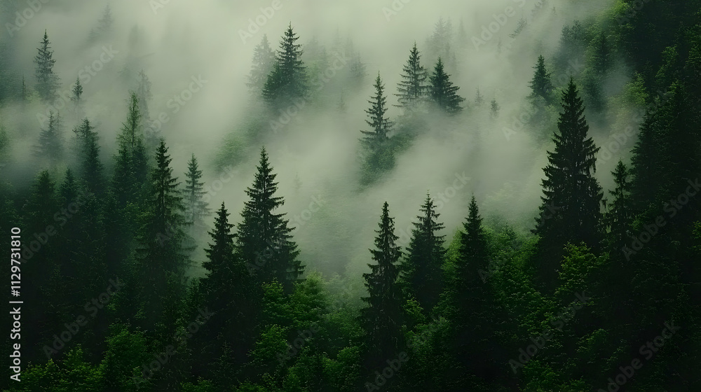Misty mountain forest with tall evergreen trees. Misty mountain forest with tall evergreen trees.